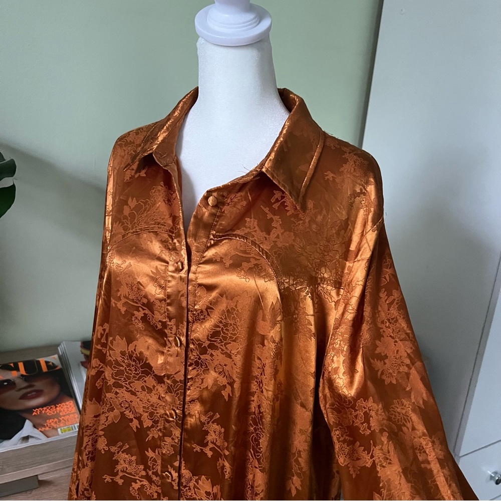 Metallic Copper Orange Floral Modest Long-Sleeve Button Down Shirt Flowy Dress - Picture 7 of 16
